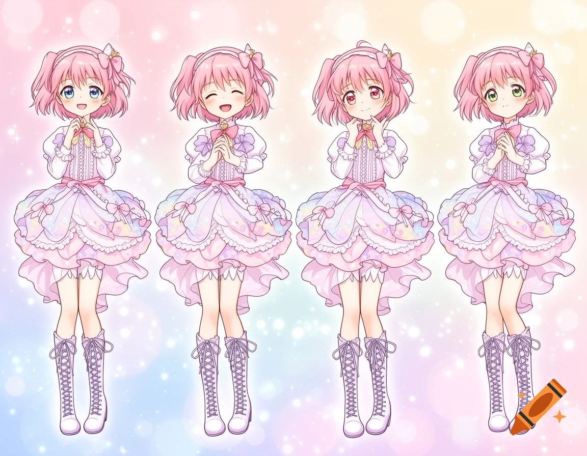 Four identical anime girls with pink hair, wearing elaborate pastel dresses and lace-up boots, each with a different cute expression on a sparkling background.