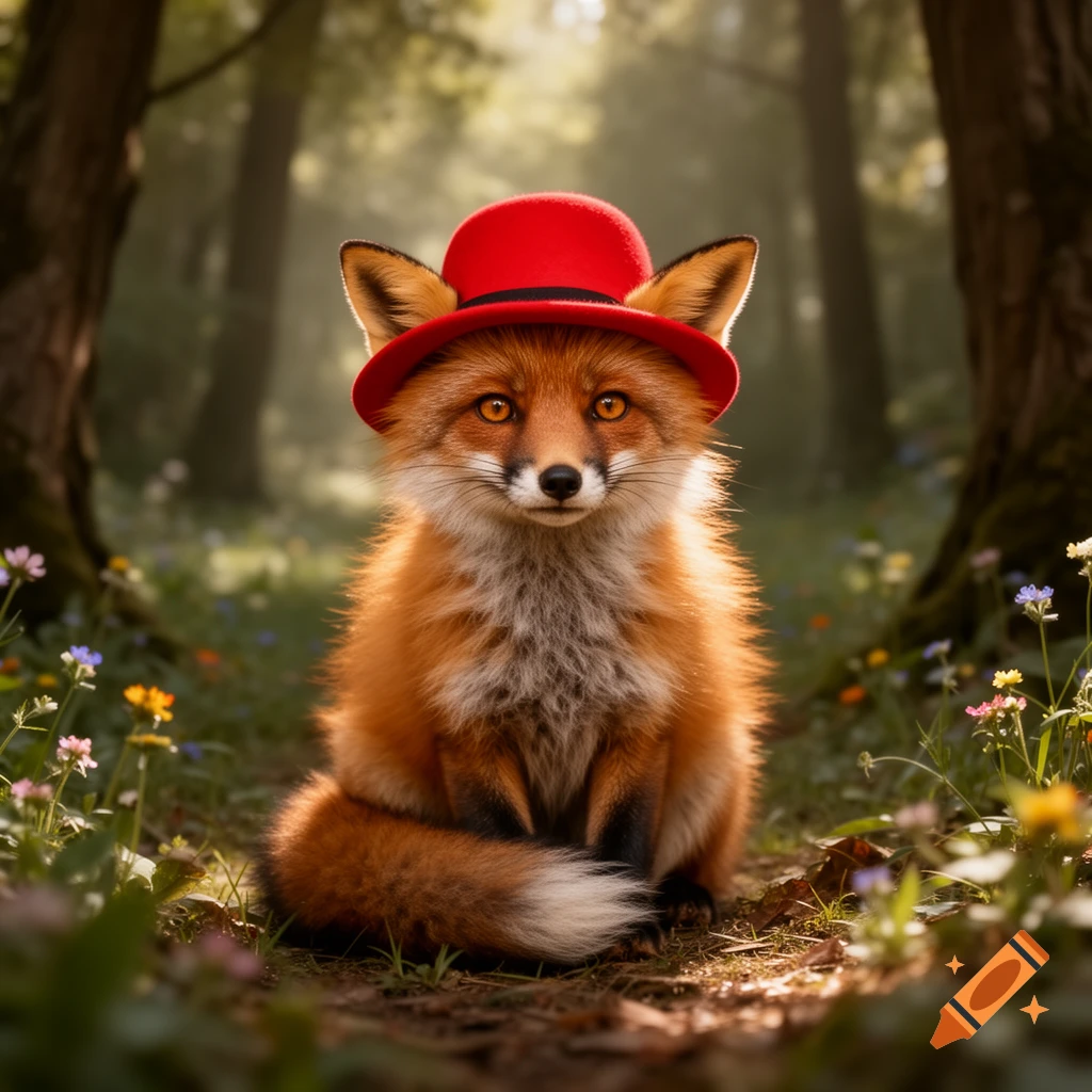 A photorealistic fox with a red bowler hat sits in a sunlit forest clearing surrounded by wildflowers.