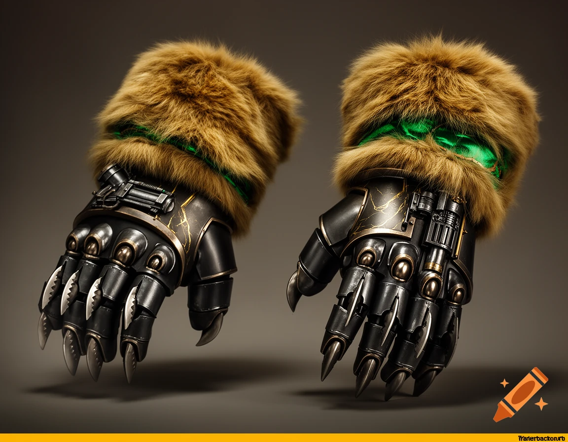 A pair of elaborate, photorealistic fantasy/sci-fi gauntlets with brown fur cuffs, black mechanical plating, and sharp retractable claws.
