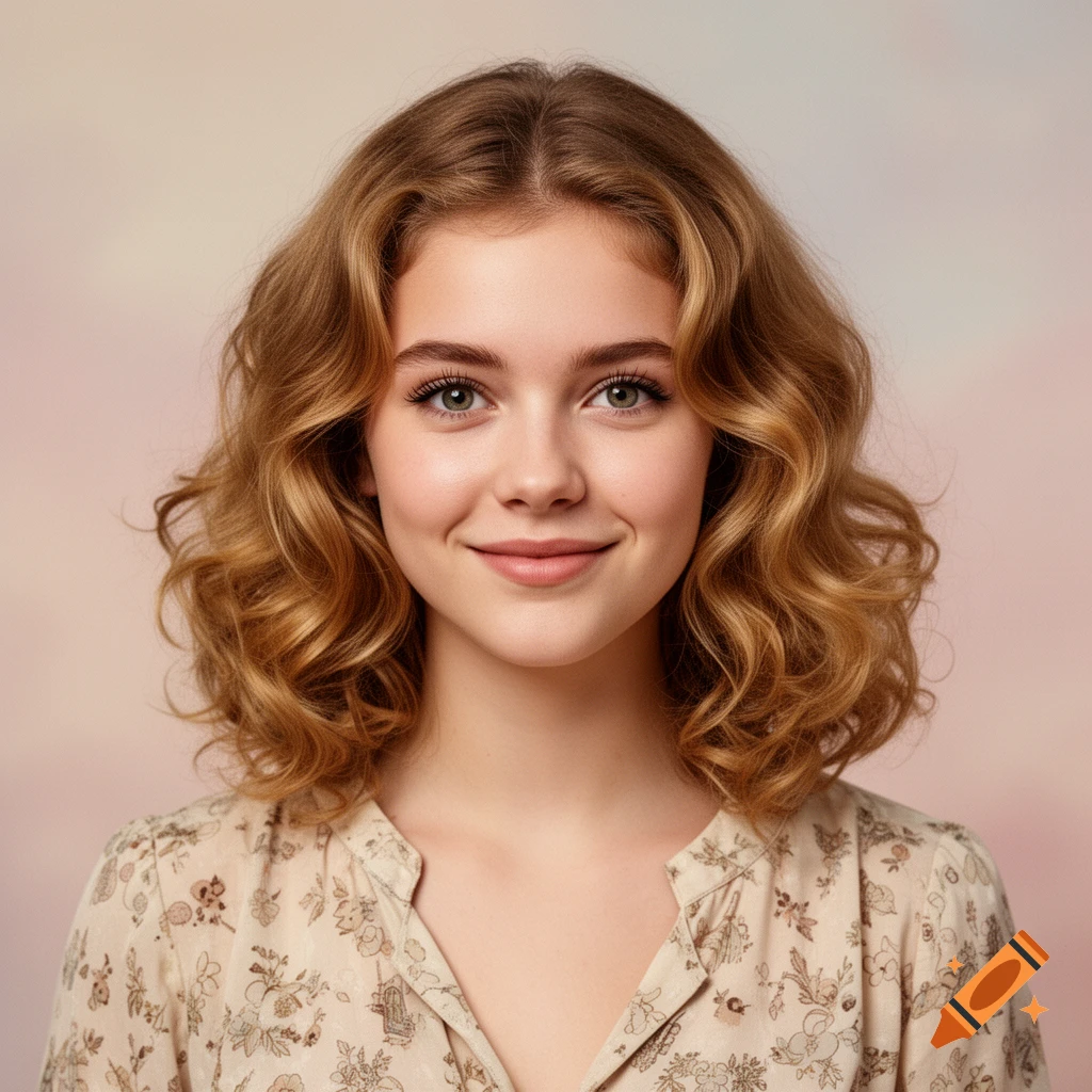 Close-up portrait of a smiling young woman with wavy blonde hair and green eyes, wearing a cream floral blouse.