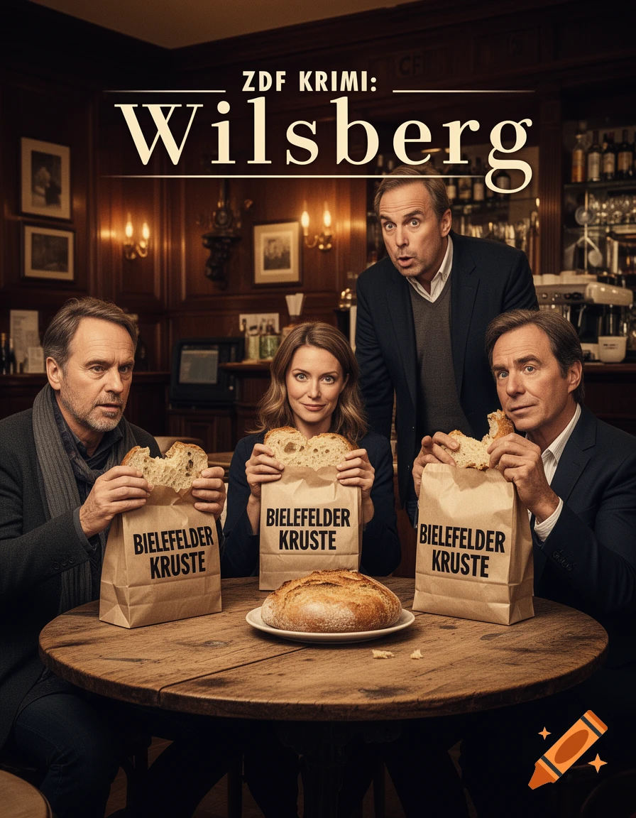 Four actors from the ZDF crime series 'Wilsberg' sit in a bar with bread and paper bags, one looking surprised. Text 'ZDF KRIMI: Wilsberg' above.