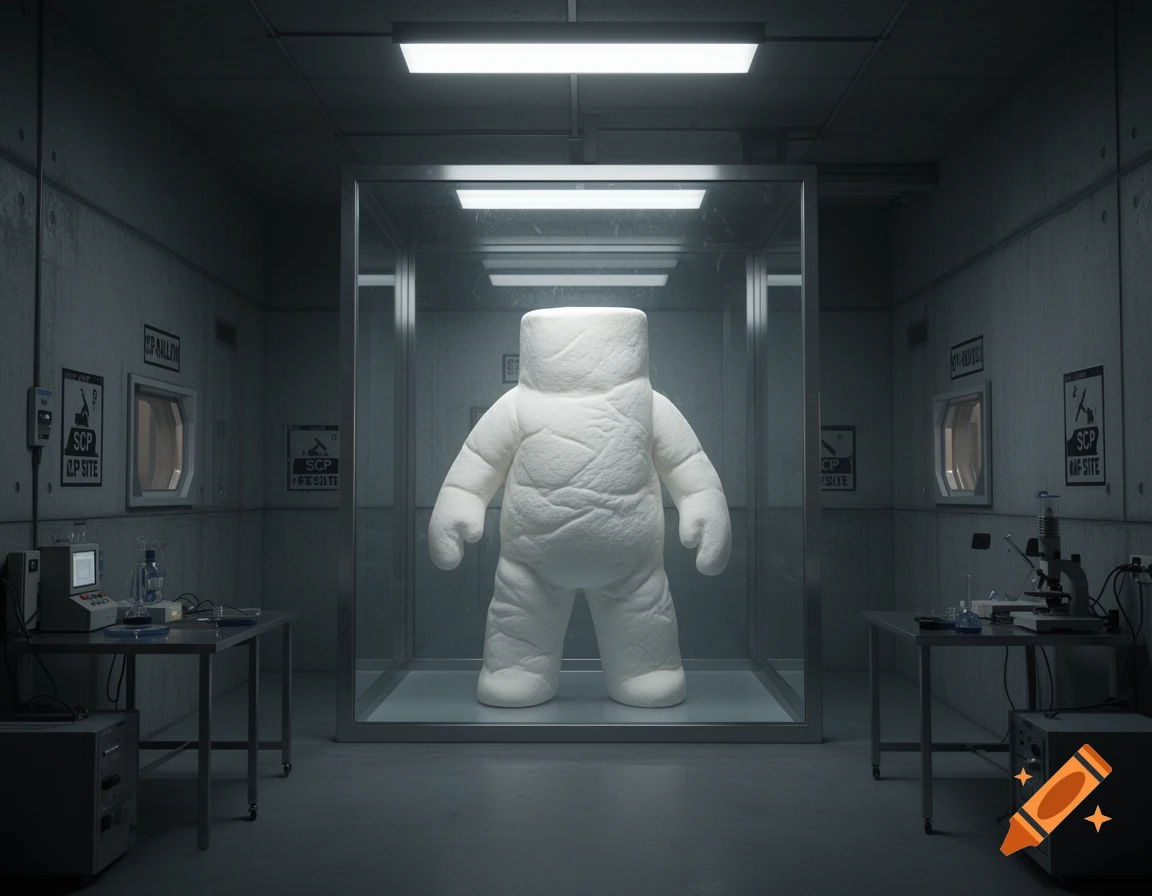 A marshmallow-like creature in a glass containment unit inside a dark, concrete SCP lab.
