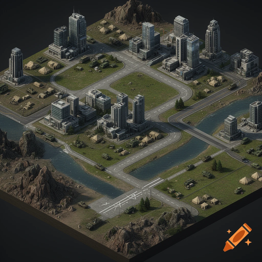 Isometric view of a modern military city with skyscrapers, roads, rivers, and numerous tanks and army tents scattered across the landscape.
