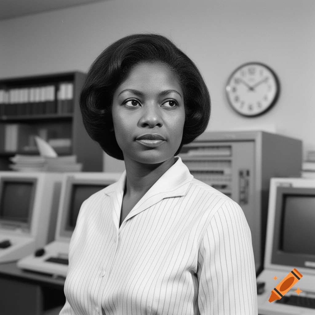 A black and white portrait of a Black woman with a bouffant hairstyle, wearing a pinstriped shirt, in a vintage office with computers.
