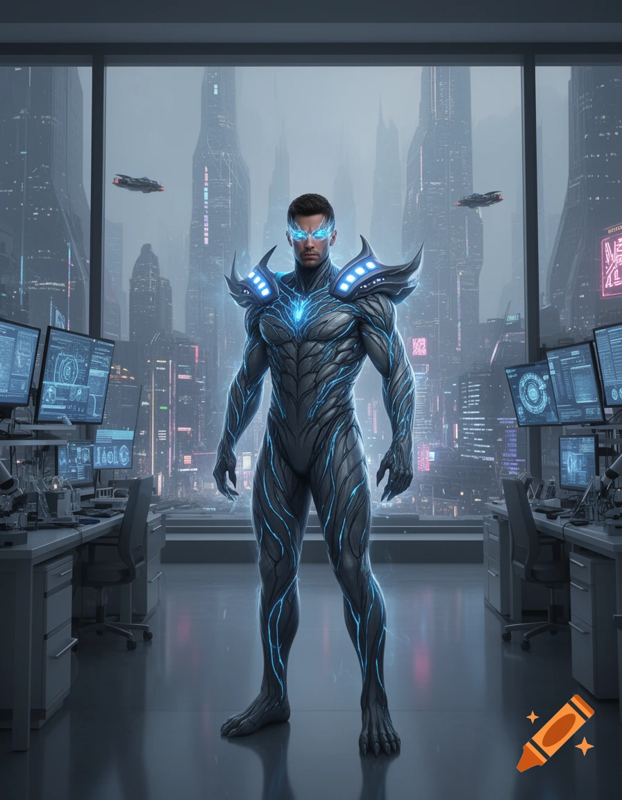 A man in a glowing blue and grey nanotech symbiote suit stands in a futuristic office overlooking a cityscape.