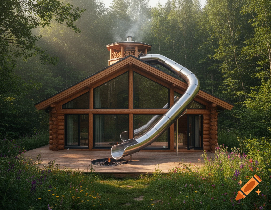 Photorealistic log cabin in a forest, with a metal slide from the roof to a deck and a fire pit, bathed in early morning light.
