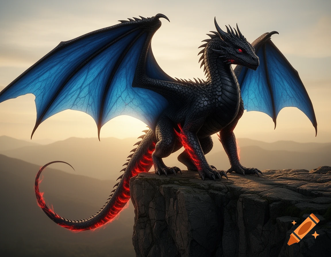 A black dragon with blue wings and red glowing streaks stands on a rocky cliff at sunset, overlooking mountains.