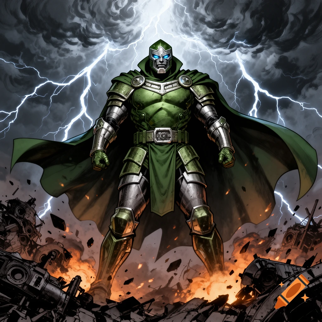 Doctor Doom in green and silver armor stands amidst fiery debris with lightning in a stormy sky.