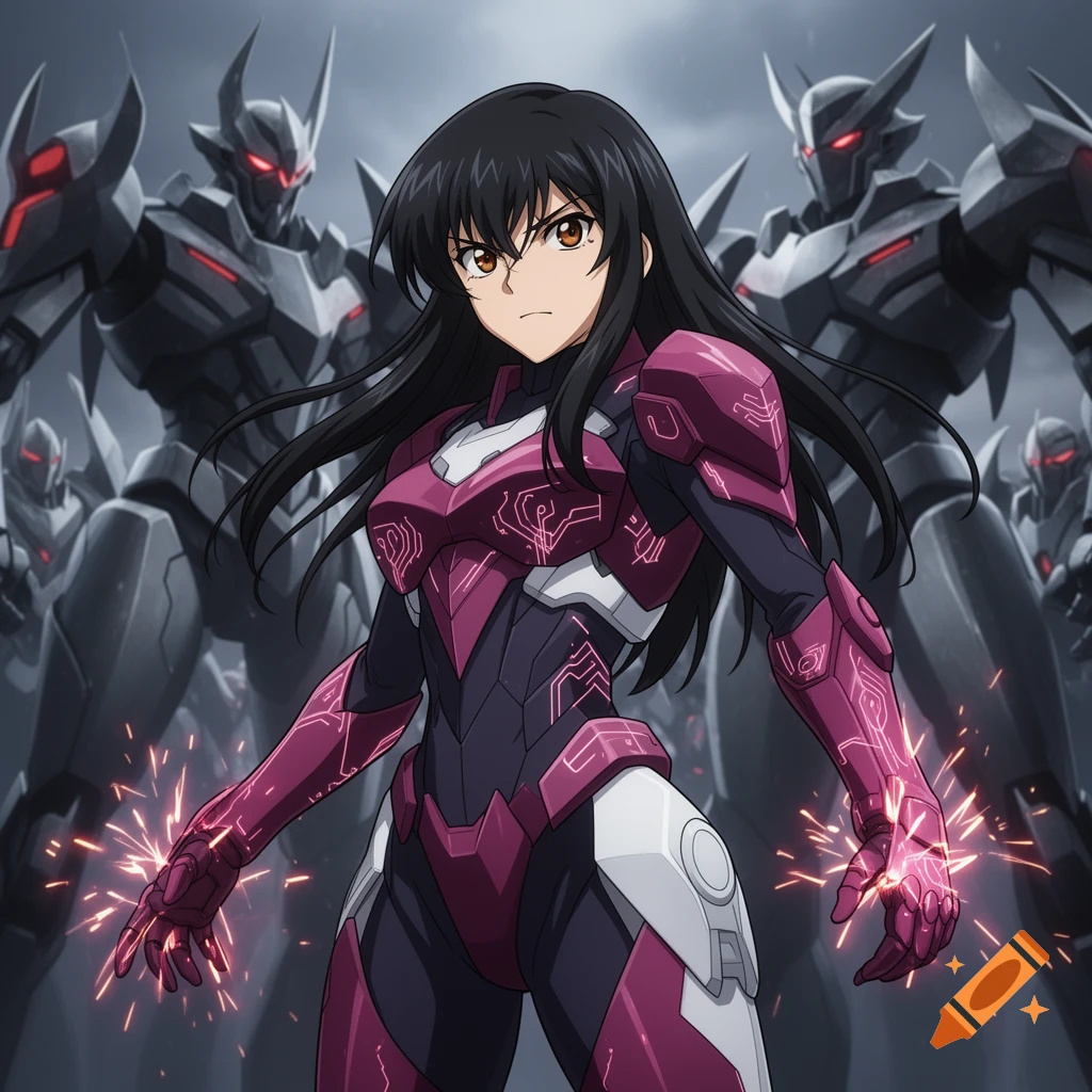 Anime girl with black hair and brown eyes in pink and white armor, with sparks from her hands, standing before black robots.