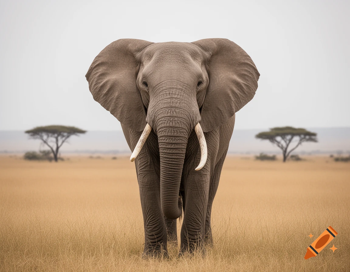 A large African elephant with prominent tusks stands facing forward in a golden savanna landscape.