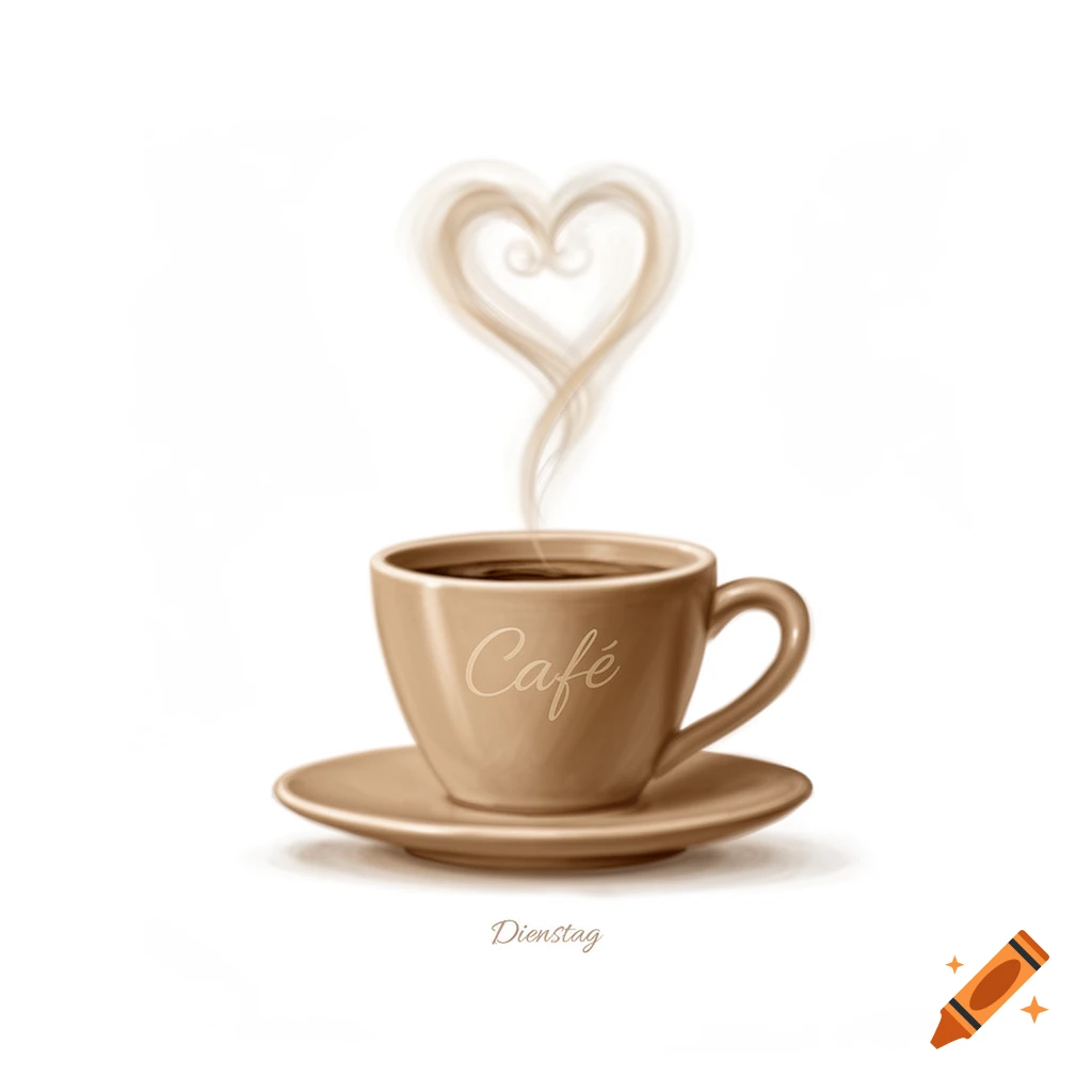 A light brown coffee cup and saucer with steam rising in a heart shape. The word 'Café' is on the cup and 'Dienstag' is below the saucer, all on a white background.