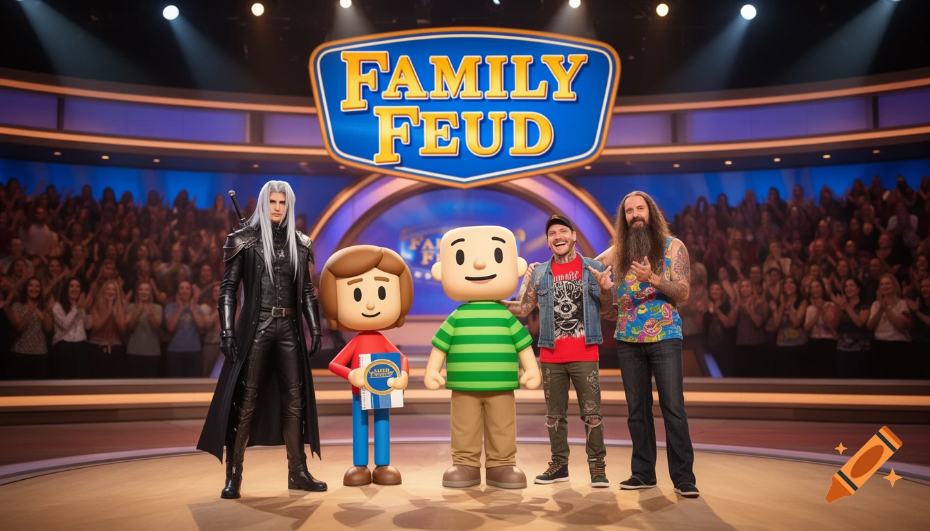 Sephiroth, two Mii-like characters, Bam Margera, and Mike Portnoy stand on the stage of the Family Feud game show.