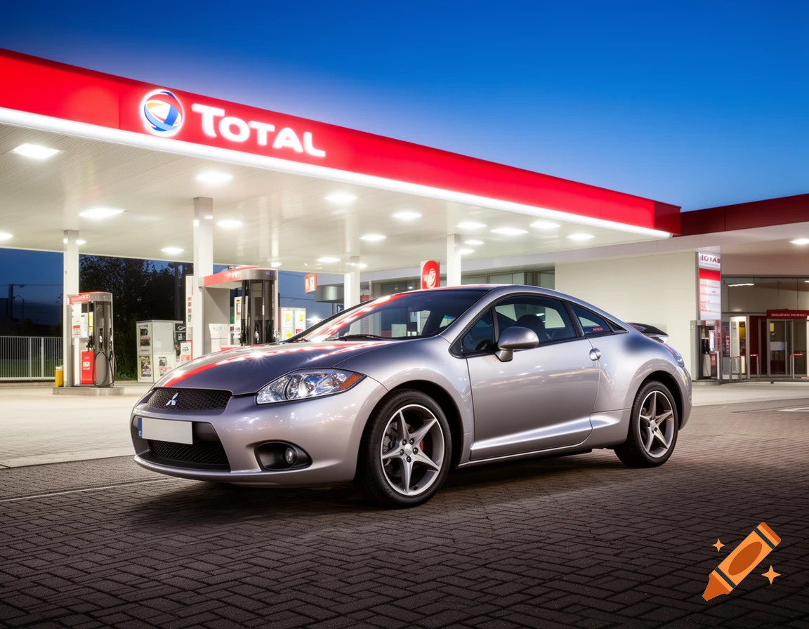 A silver Mitsubishi Eclipse sports car parked at a Total gas station under a clear blue sky, photorealistic.