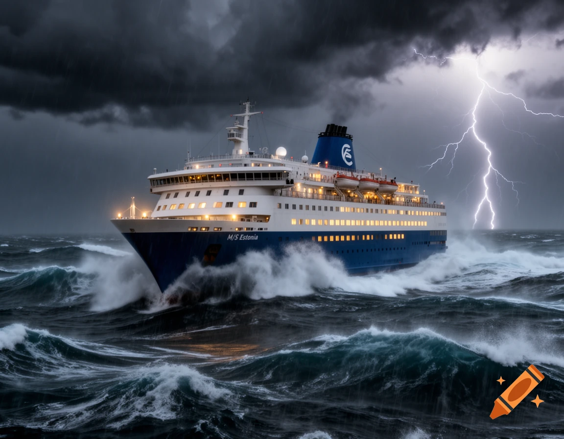 A large blue and white passenger ship, M/S Estonia, battles huge waves in a dark, stormy sea under a lightning-filled sky.