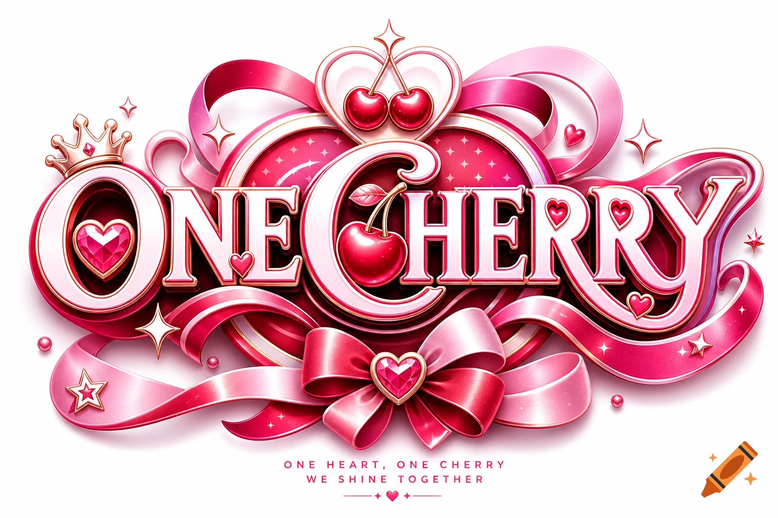 A shiny pink and red logo for 'ONE CHERRY' with ribbons, hearts, cherries, and a crown.