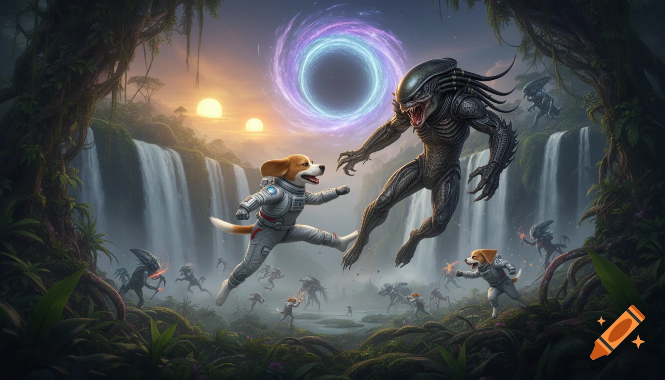 An astronaut beagle kicks a large Alien on a lush jungle planet with waterfalls, dual suns, and a wormhole. Smaller dogs battle aliens.