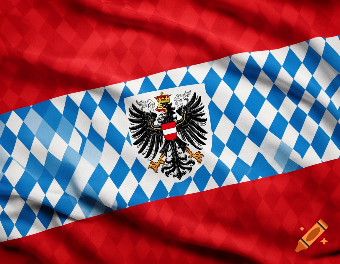 A wavy flag combining Austrian red-white-red and Bavarian blue-and-white diamond patterns, featuring an Austrian eagle crest in the center.