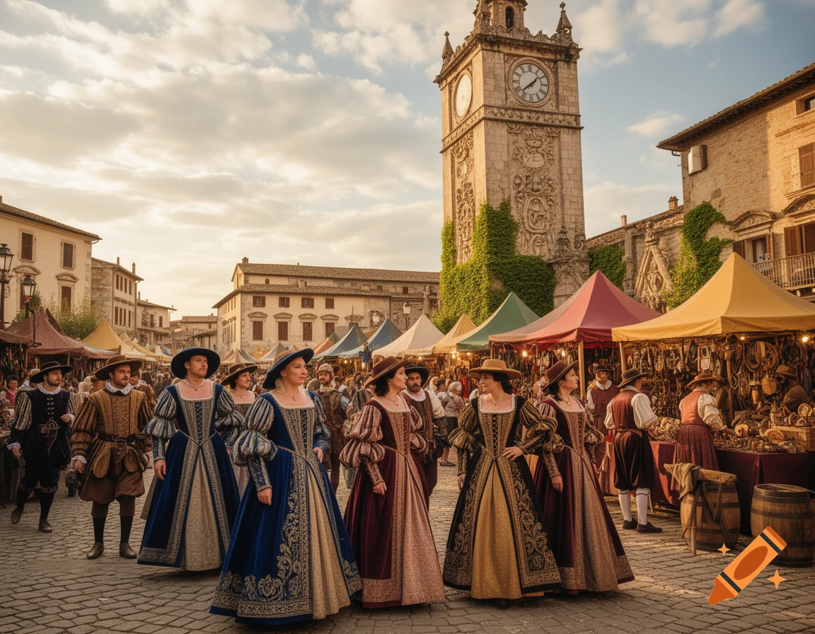 A bustling historical market scene in a town square, with people in Renaissance-era costumes, colorful stalls, and a prominent clock tower.