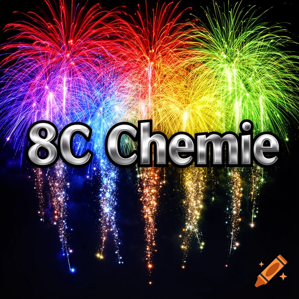 Metallic 8C Chemie text displayed prominently against a vibrant, multicolored fireworks background.