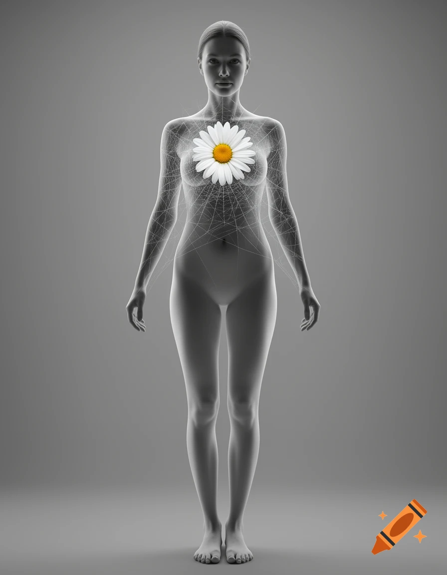 Grayscale transparent silhouette of a woman with a white daisy on her chest and delicate web-like lines spreading through her body.