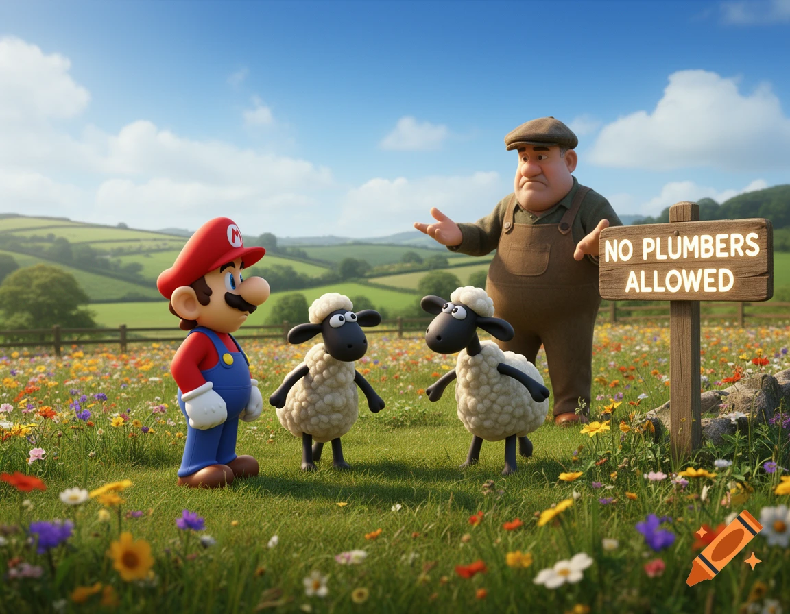 Mario stands in a vibrant wildflower field with two Shaun the Sheep characters, while a farmer gestures next to a "NO PLUMBERS ALLOWED" sign, in a 3D animated style.