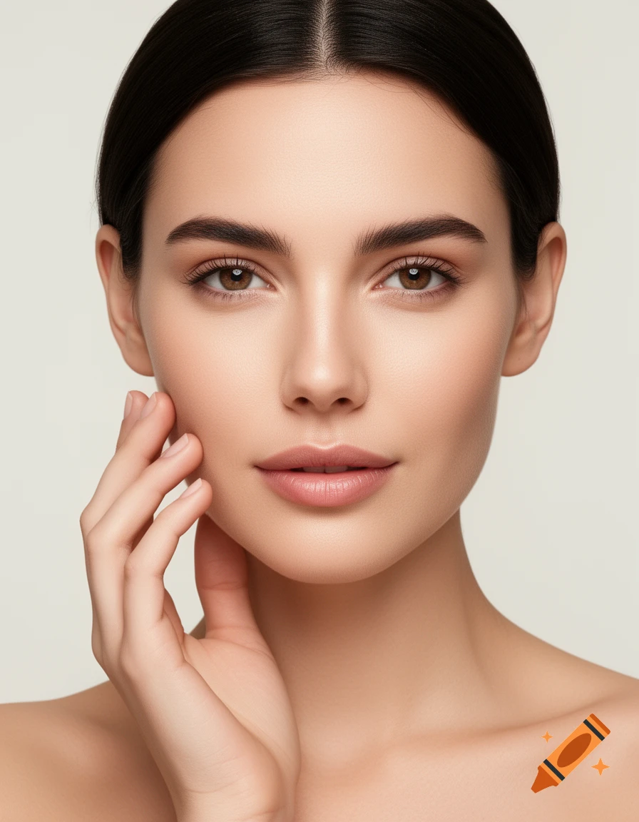 Photorealistic portrait of a woman with dark hair and minimal makeup, gently touching her cheek on a plain background.