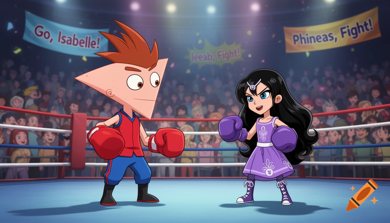 Cartoon characters resembling Phineas and Isabella in a boxing ring, wearing boxing gloves, with banners and a crowd.