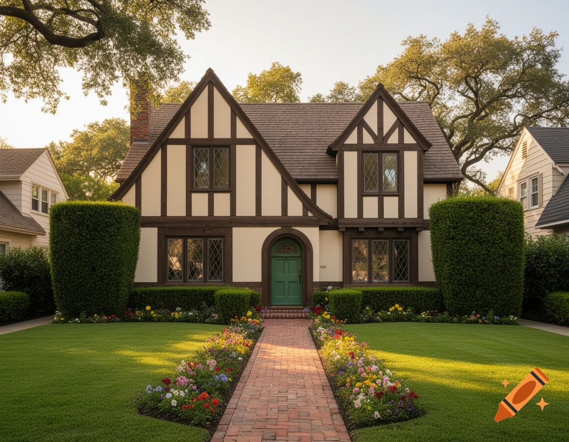 A photorealistic Tudor-style house with a green door, brick path, colorful flower beds, and a lush lawn under warm sunlight.