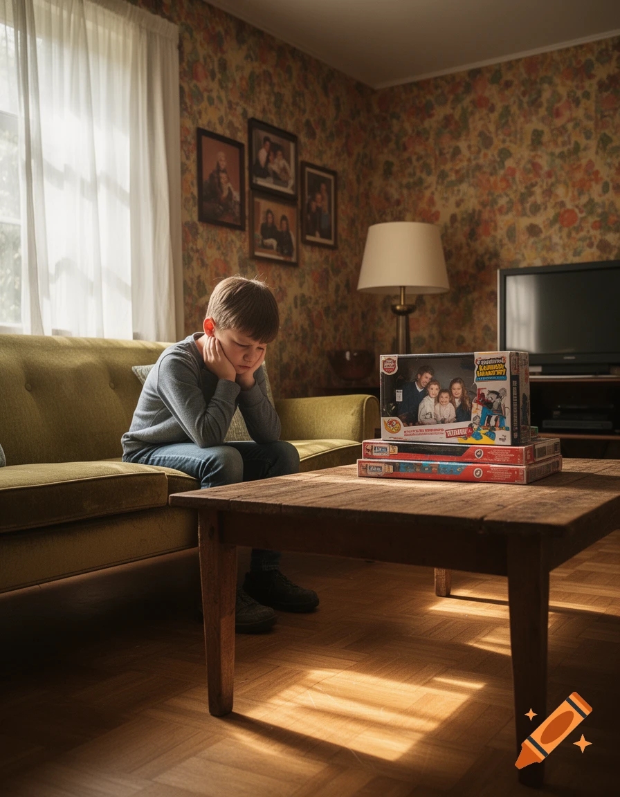 A sad young boy in a gray shirt and jeans sits on a green couch in a cozy, sunlit living room with floral wallpaper, chin resting in his hands. A stack of board game boxes sits on the coffee table in front of him.
