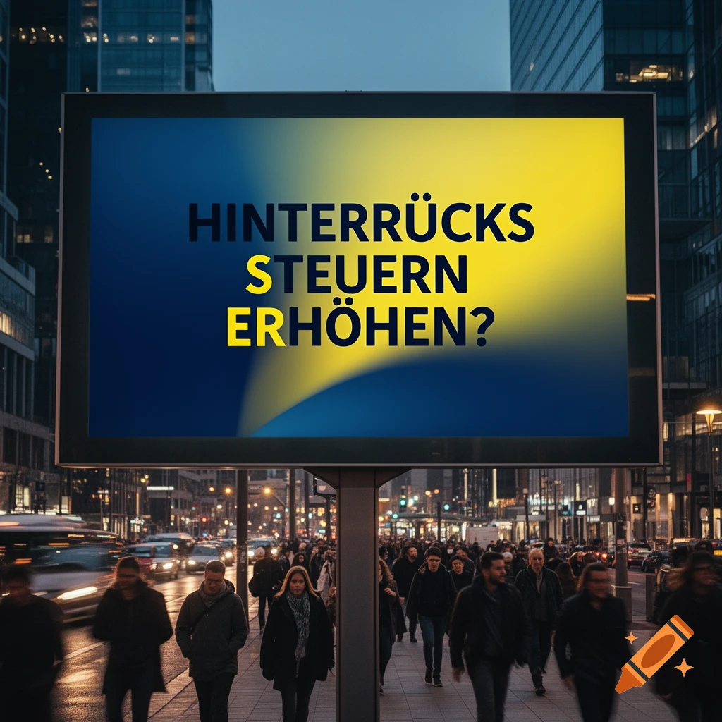 Photorealistic image of a large billboard displaying the German text 'HINTERRÜCKS STEUERN ERHÖHEN?' in a bustling city street at dusk, with people walking and cars driving by.