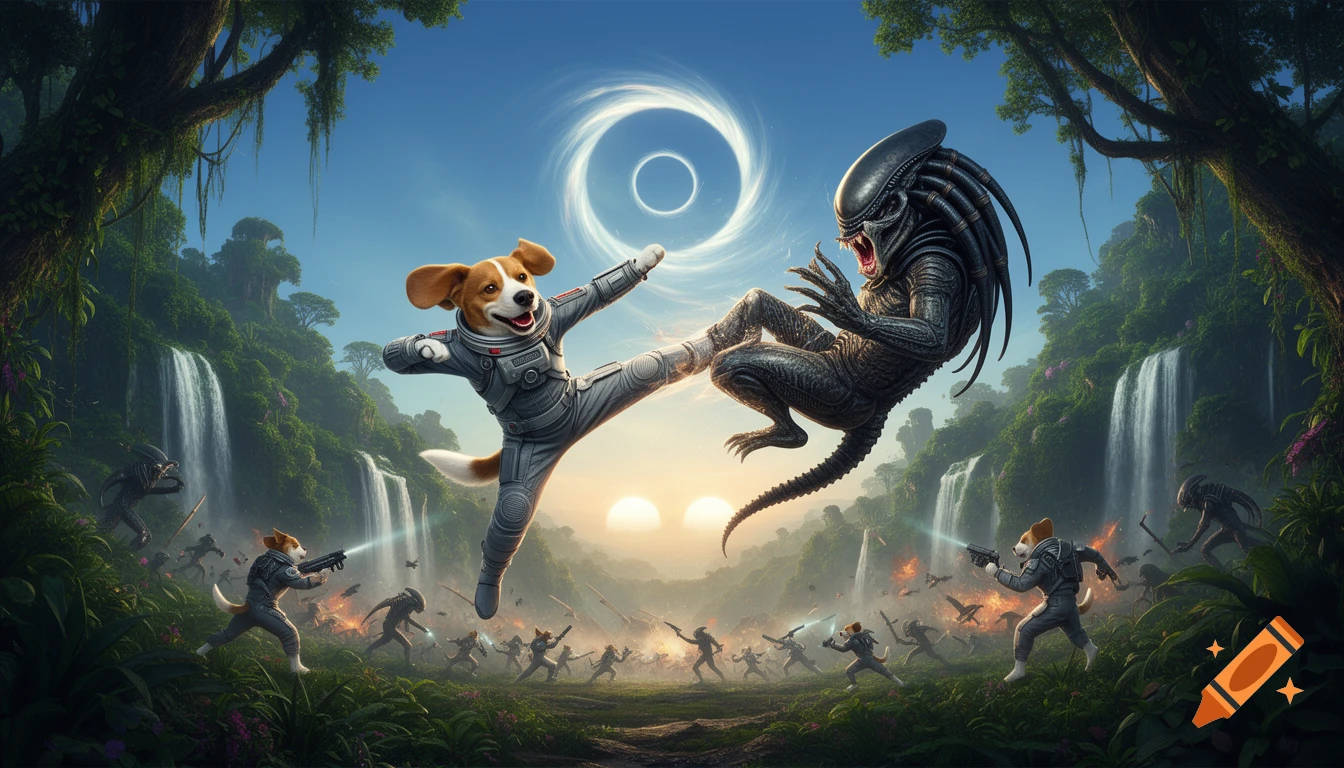 A photorealistic image of a beagle in an astronaut suit kicking a large Xenomorph alien on a lush planet with waterfalls, as more beagles and aliens battle in the background.