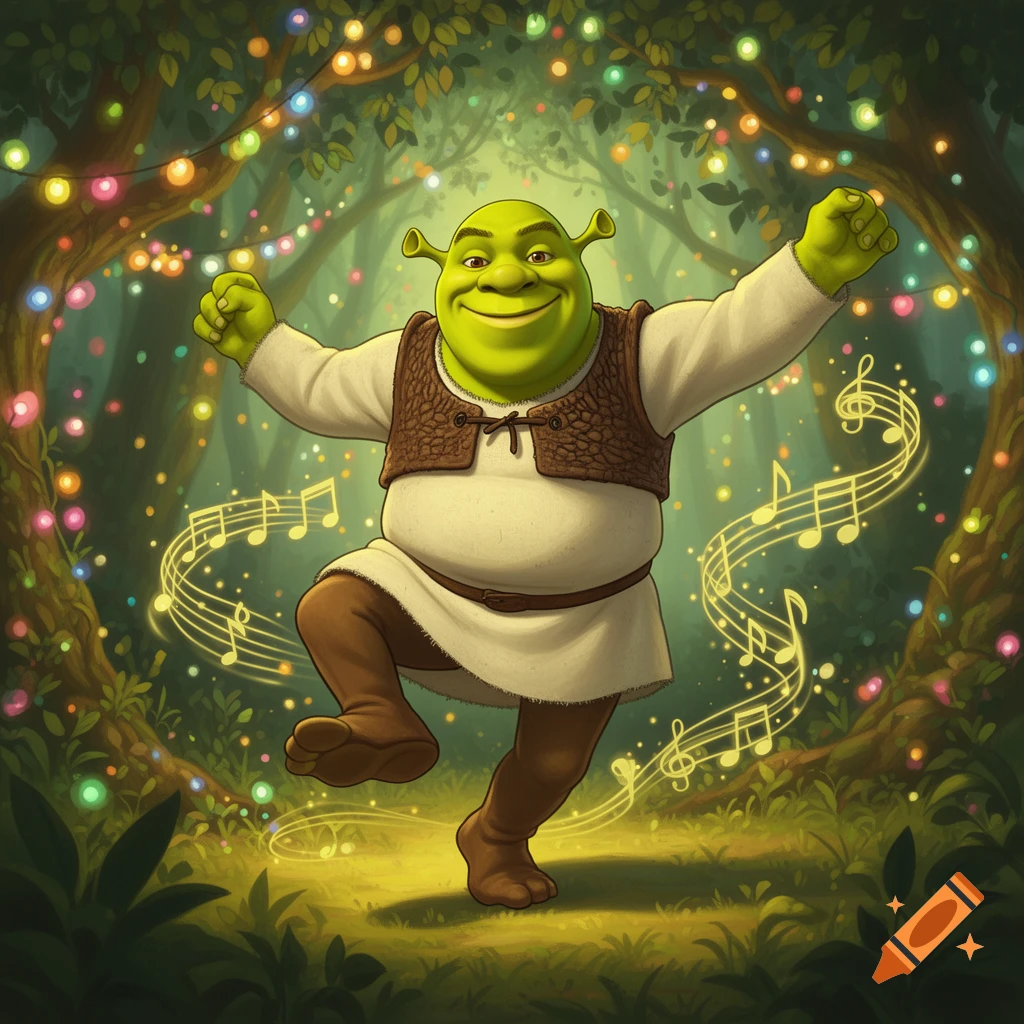 Shrek dances enthusiastically in a vibrant, enchanted forest filled with colorful lights and glowing musical notes.