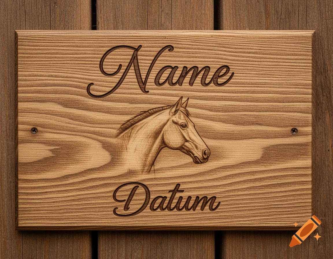 A wooden plaque engraved with a horse's head, the word "Name" above, and "Datum" below, mounted on a wooden wall.