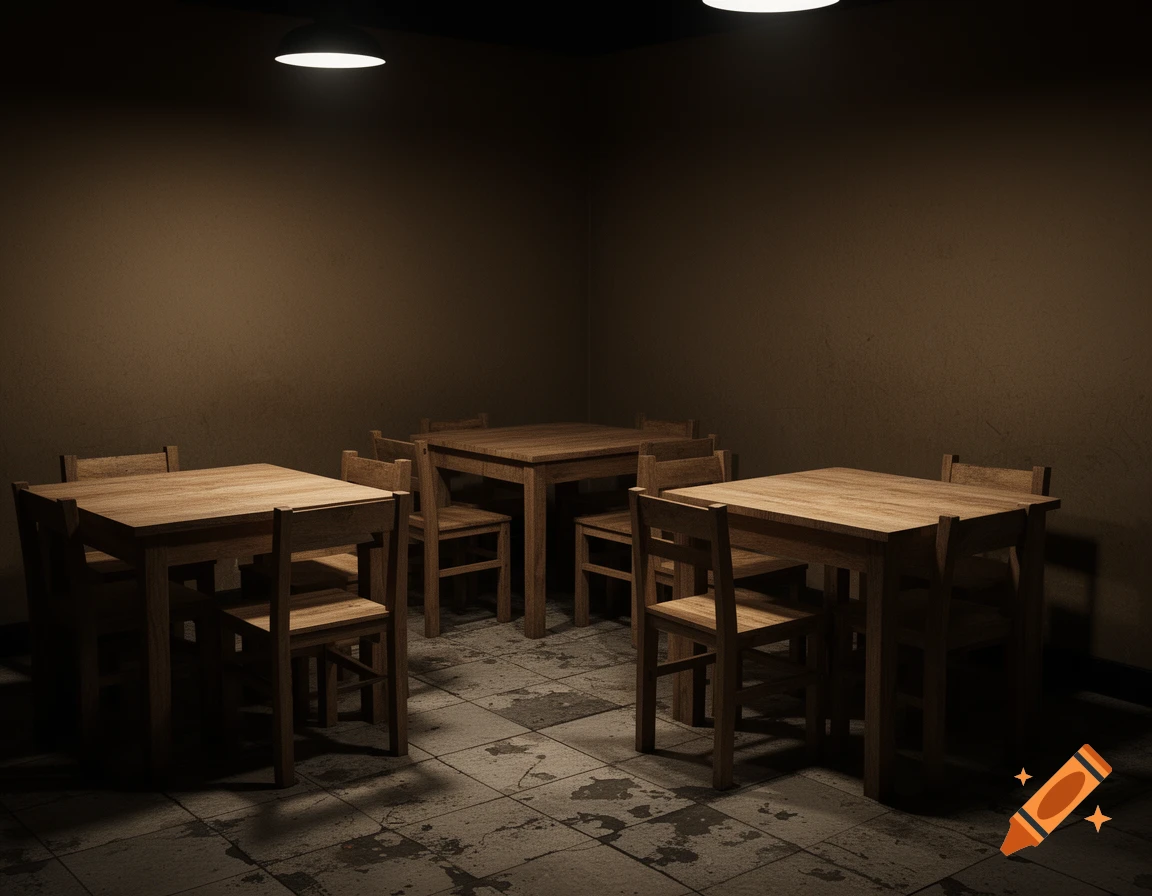 A dimly lit, empty room with simple wooden tables and chairs on a tiled floor, suggesting a cheap restaurant interior.