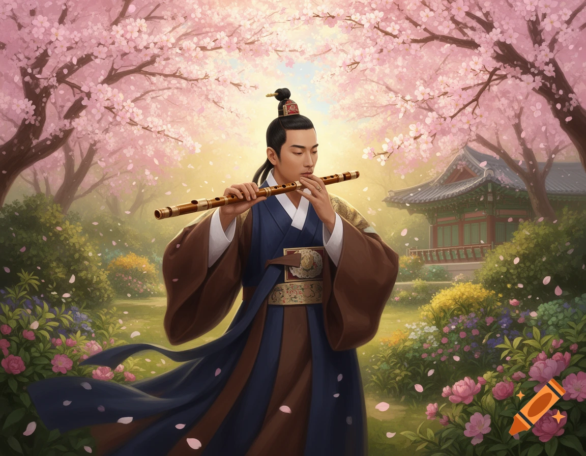 An illustration of a man in traditional Korean attire playing a flute in a vibrant cherry blossom garden with a traditional Korean building.