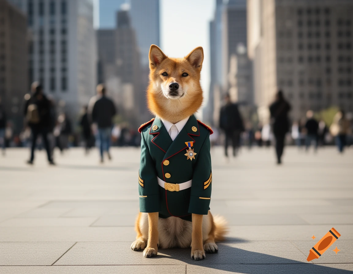 A photorealistic Shiba Inu dog in a green military uniform with medals sits on a paved city square, with blurred buildings and people in the background.