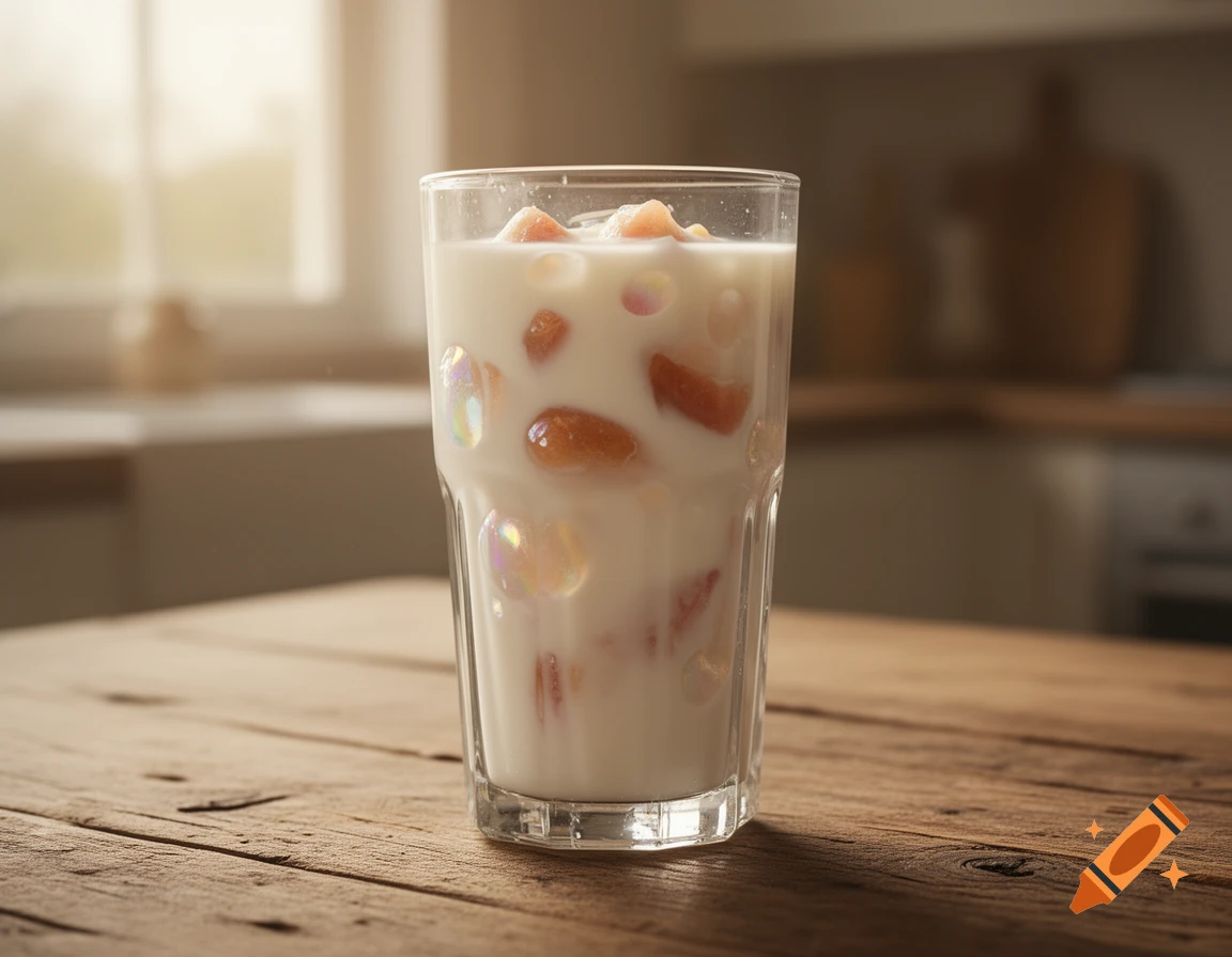 A glass of milk with reddish fruit pulp and iridescent bubbles sits on a rustic wooden table in a sunlit kitchen.