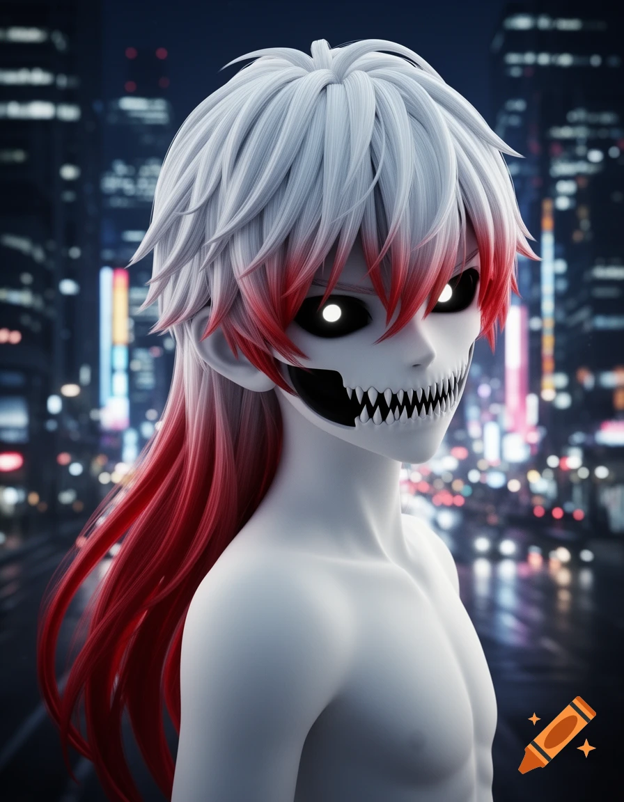 A 3D anime boy with white and red hair, glowing eyes, and sharp teeth, stands shirtless against a blurred city night background.