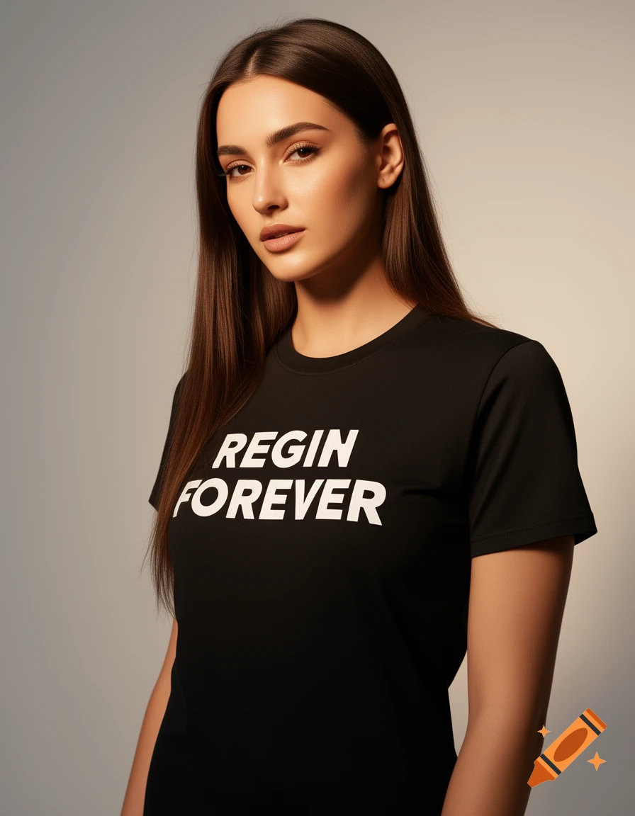 Photorealistic portrait of a woman with long brown hair wearing a black t-shirt that says 'REGIN FOREVER'.