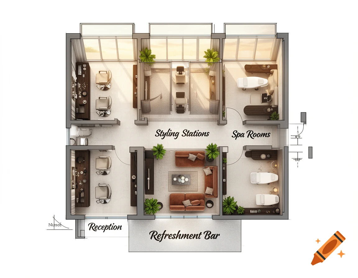 Detailed overhead floor plan of a salon and spa, featuring styling stations, spa rooms, reception area, and a refreshment bar.