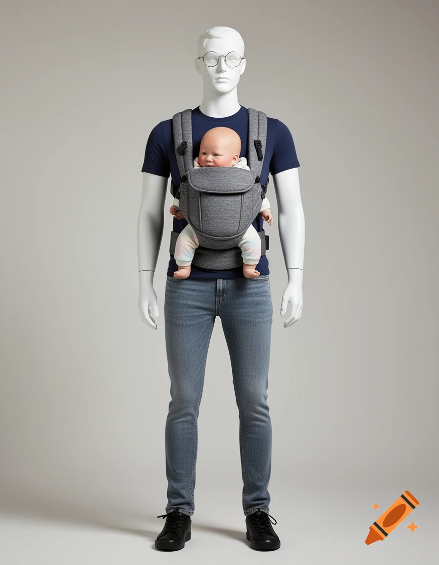 Photorealistic white male mannequin wearing a dark blue shirt, jeans, glasses, and a gray baby carrier with a baby mannequin.