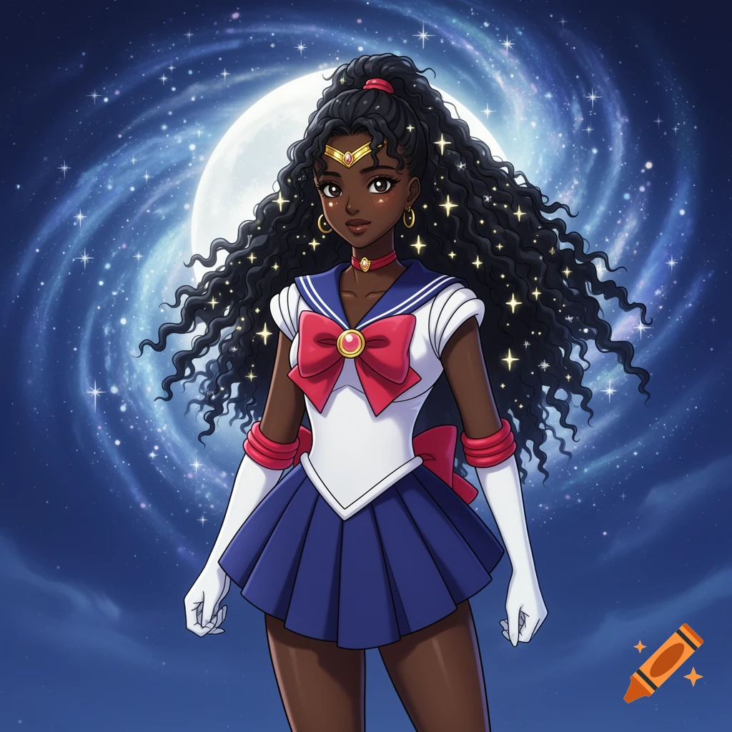 An anime-style image of a Black girl as Sailor Moon, standing heroically against a luminous full moon and swirling starry galaxy.