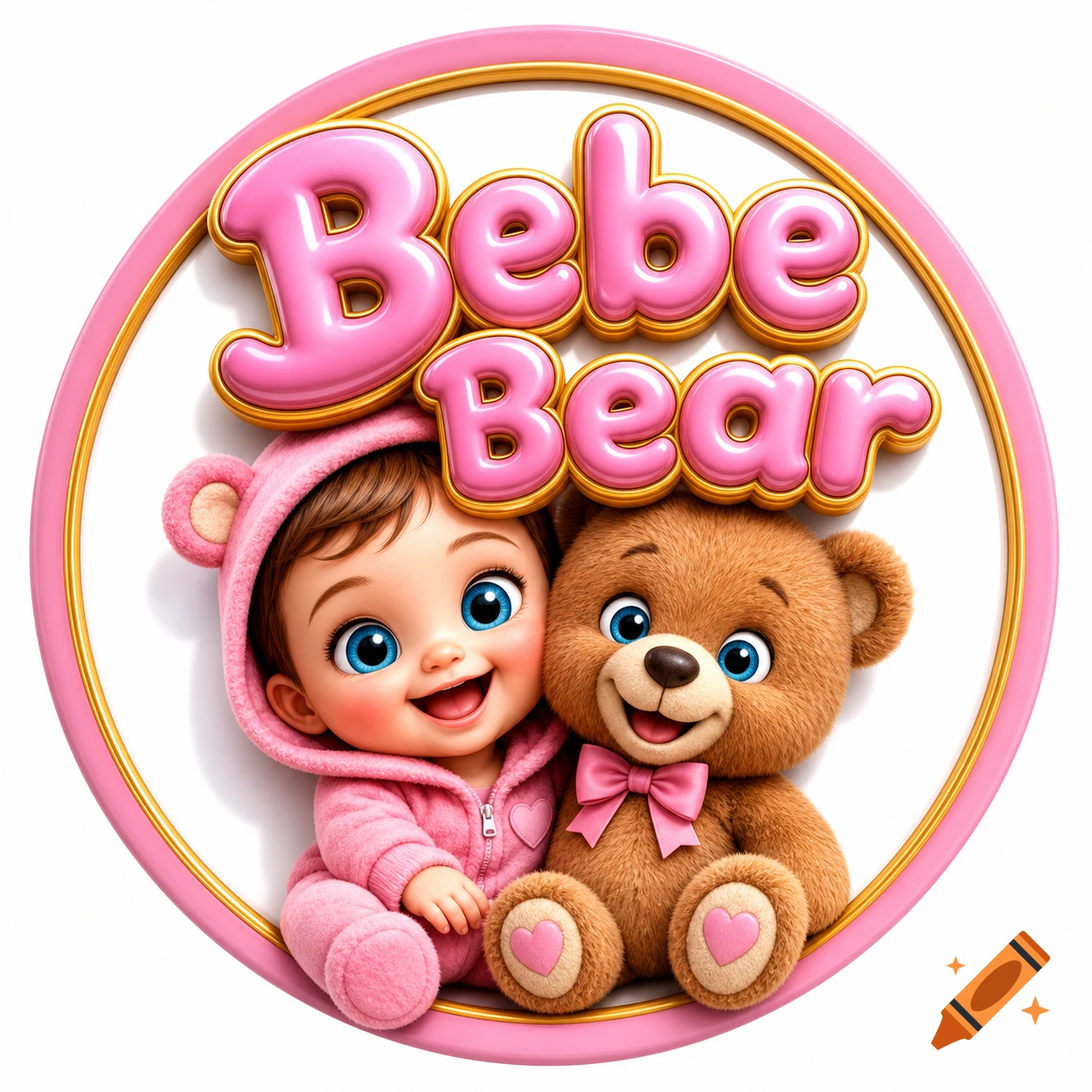 3D circular logo with pink 'Bebe Bear' text, a cute baby in a pink bear suit, and a smiling brown teddy bear.