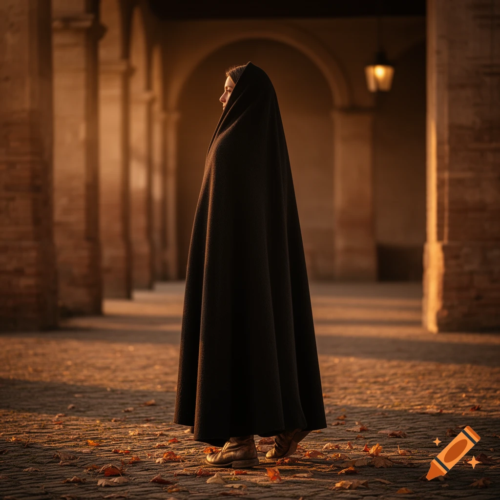 A person in a long dark hooded cloak stands in profile in a dimly lit arched stone hallway, with fallen leaves on the ground.