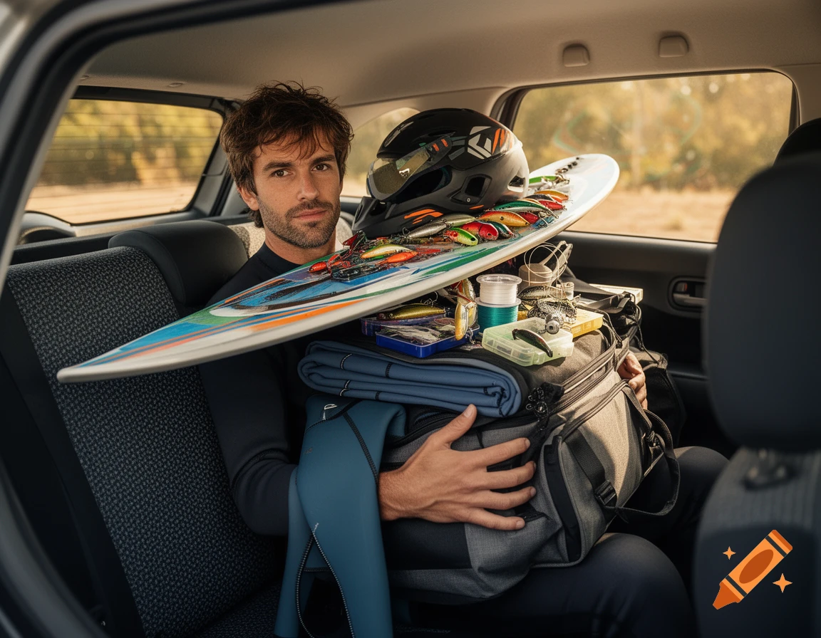 A man with a wakeboard, helmet, wetsuit, and fishing gear sits in the back of a car.