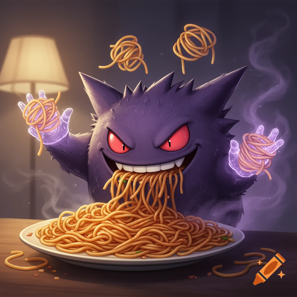 A grinning purple Gengar with red eyes devours a large plate of spaghetti, holding some in its glowing hands, with more floating.