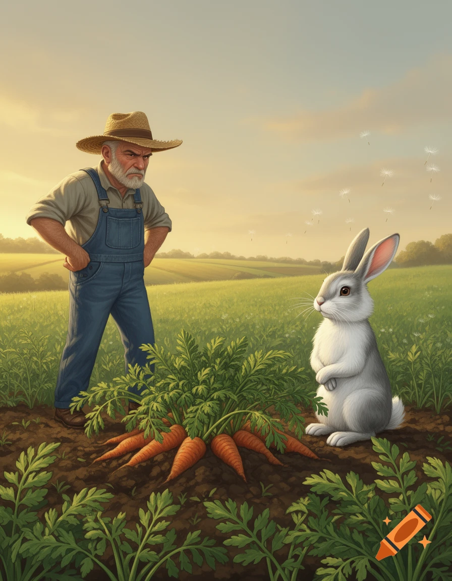 An angry farmer in overalls and a straw hat confronts a rabbit next to a large patch of carrots in a sunny field.