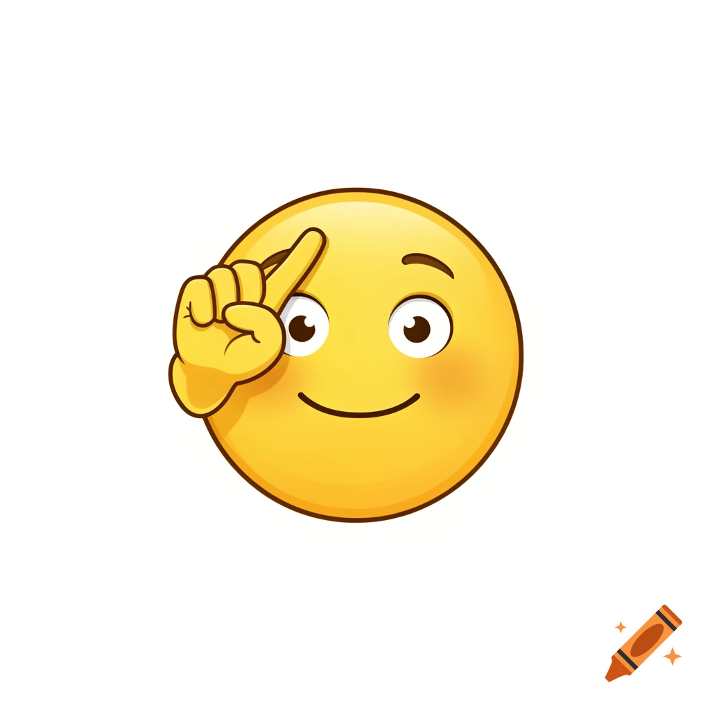 A yellow smiling emoji tapping its forehead with an index finger, symbolizing thought or an idea.