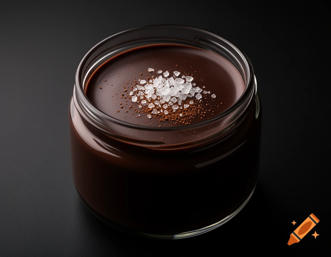 Dark chocolate pot de cr me in a glass jar, topped with flaky sea salt and espresso powder, under moody studio lighting.