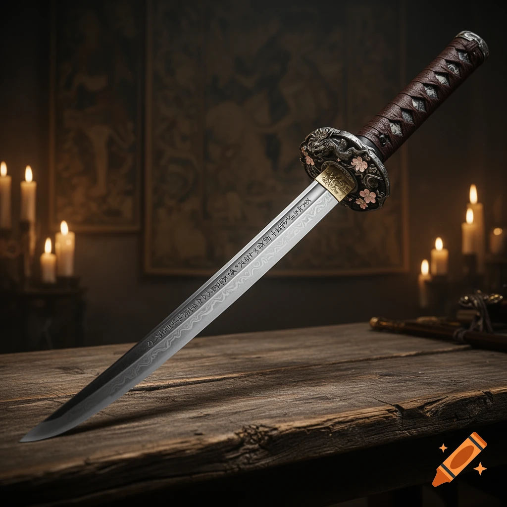 A photorealistic katana with a dragon tsuba and engraved blade rests on a wooden table, illuminated by candles.